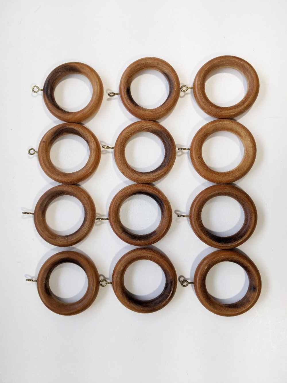 Lot 12 Wood Drapery Curtain Rings w/ Eyelets 2 5/8" outer, 1 11/16" inner Diam.